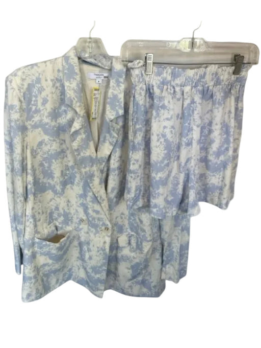 Thakoon Size 8 Blue & Cream Linen & Rayon Elastic Waist Abstract Short Set Blue & Cream / 8