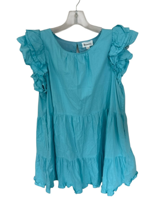 &merci Size L Sky Blue Cotton & Polyester Flutter Cap sleeve Ruffle Mini Dress Sky Blue / L