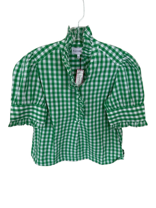 Navy Bleu Size L Green & White Cotton Gingham High Neck Ruffle Top Green & White / L