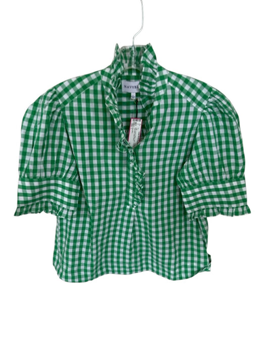 Navy Bleu Size L Green & White Cotton Gingham High Neck Ruffle Top Green & White / L