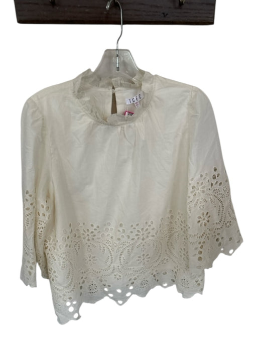 TCEC Size L Ivory Cotton & Rayon Eyelet Long Sleeve Key hole Top Ivory / L