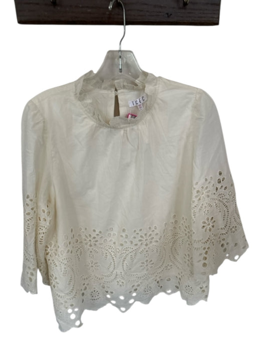 TCEC Size L Ivory Cotton & Rayon Eyelet Long Sleeve Key hole Top Ivory / L
