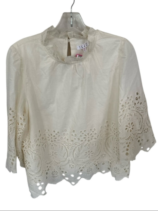TCEC Size L Ivory Cotton & Rayon Eyelet Long Sleeve Key hole Top Ivory / L