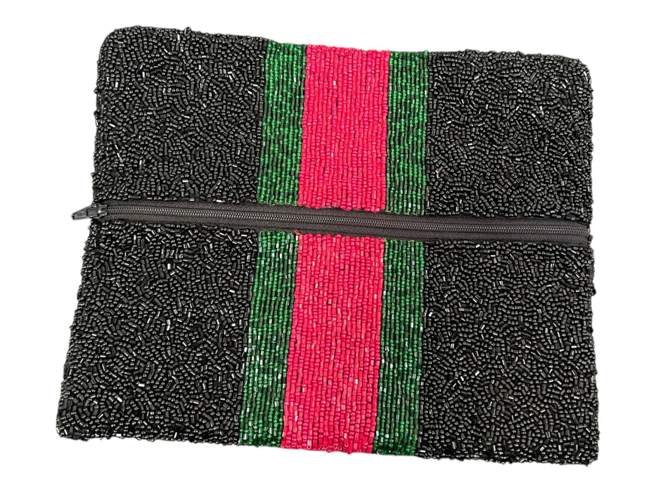 Tiana Black Red & Green Fabric Beaded color block Shiny Fold Over Clutch Black Red & Green