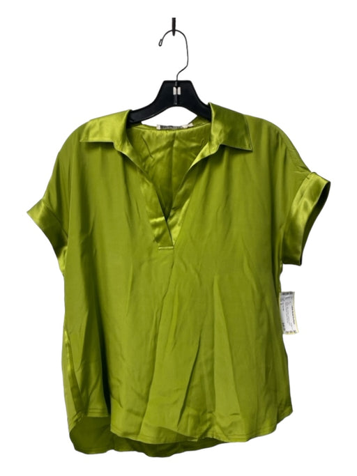 Go > Go Silk Size S Green Silk V Neck Collared Short Sleeve Pullover Top Green / S