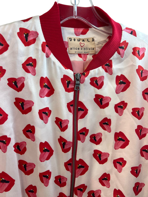 Alice & Olivia Size S/P Red, Pink & White Silk Lips Front Zip Bomber Jacket Red, Pink & White / S/P