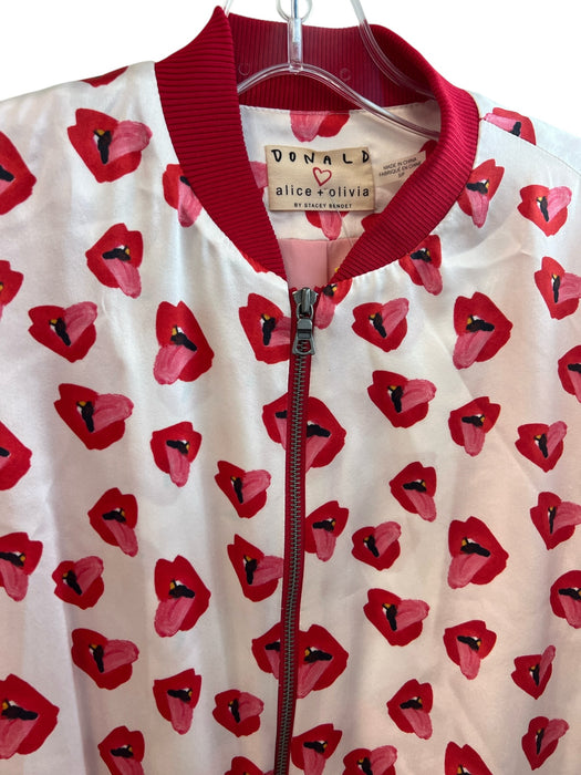 Alice & Olivia Size S/P Red, Pink & White Silk Lips Front Zip Bomber Jacket Red, Pink & White / S/P