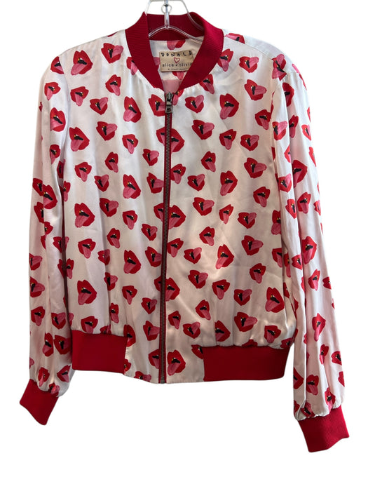 Alice & Olivia Size S/P Red, Pink & White Silk Lips Front Zip Bomber Jacket Red, Pink & White / S/P