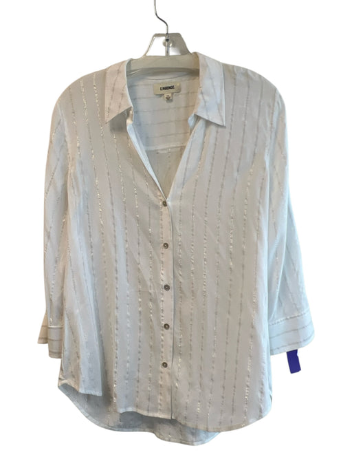 L'agence Size Medium Cream Nylon Collared Button Down Metallic Stripe Top Cream / Medium