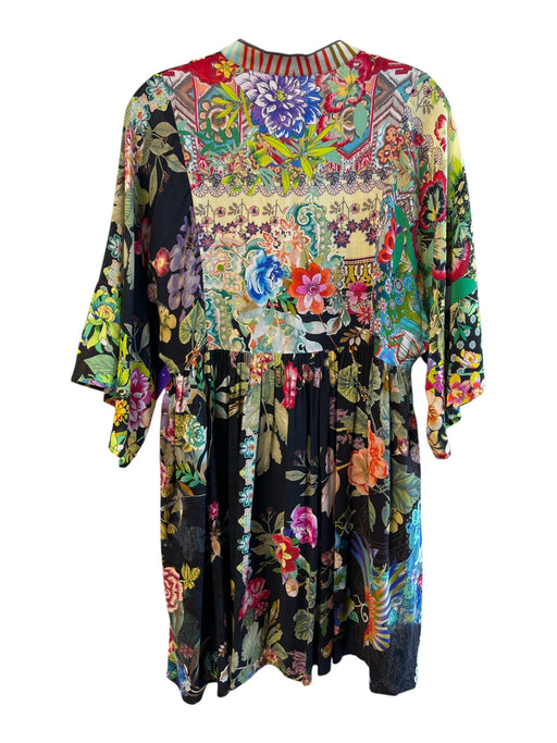 Johnny Was Size XS Black & Multi Viscose 3/4 Flare Sleeve V Neck Mini Dress Black & Multi / XS