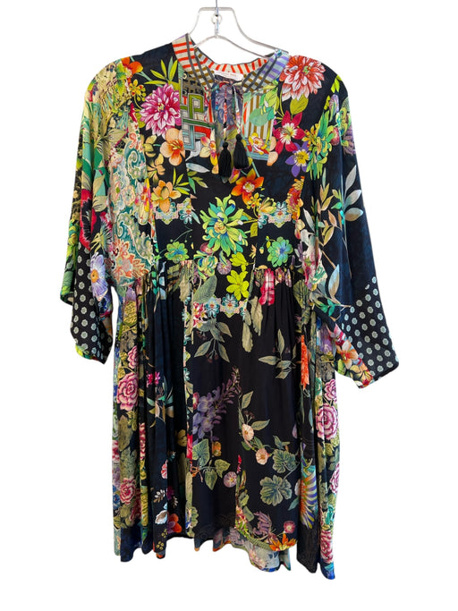 Johnny Was Size XS Black & Multi Viscose 3/4 Flare Sleeve V Neck Mini Dress Black & Multi / XS