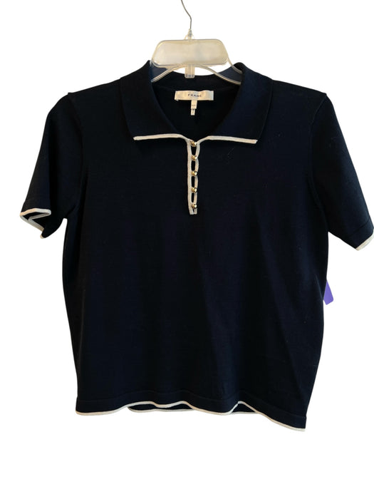 Frame Size Medium Navy & Cream Cotton Short Sleeve Collared Gold Hardware Top Navy & Cream / Medium