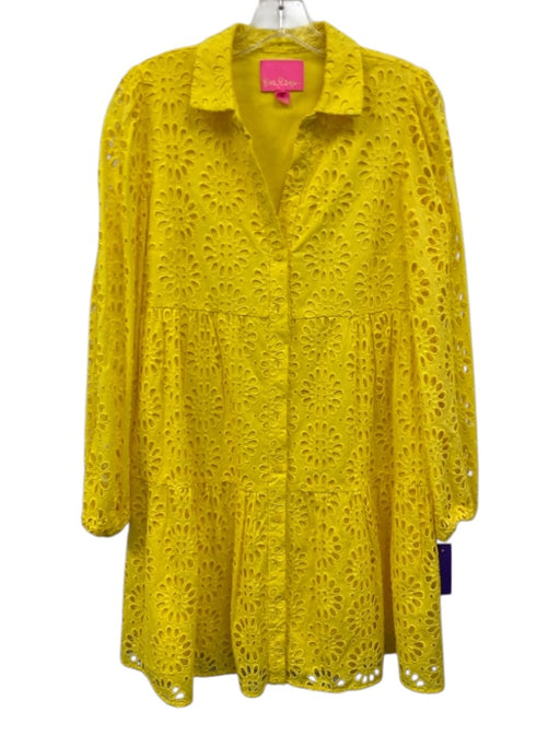 Lilly Pulitzer Size 6 Yellow Cotton Floral Eyelet Long Balloon Sleeve Dress Yellow / 6
