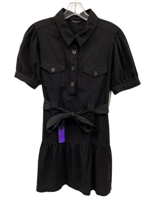 Maven West Size S Black Cotton Short Puff Sleeve 1/2 Button Breast Pockets Dress Black / S