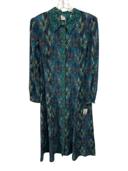 Saloni Size 6 Teal Green, Blue, Purple Silk Puff Long Sleeve Buttons Maxi Dress Teal Green, Blue, Purple / 6