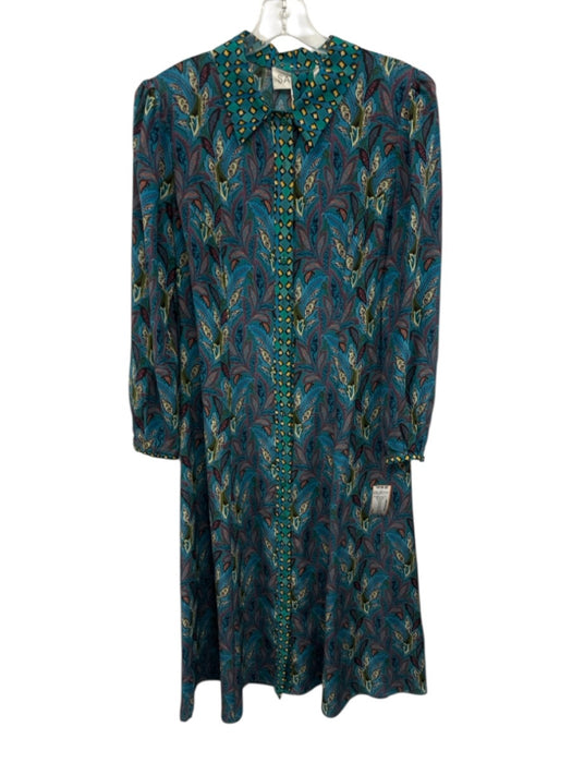 Saloni Size 6 Teal Green, Blue, Purple Silk Puff Long Sleeve Buttons Maxi Dress Teal Green, Blue, Purple / 6