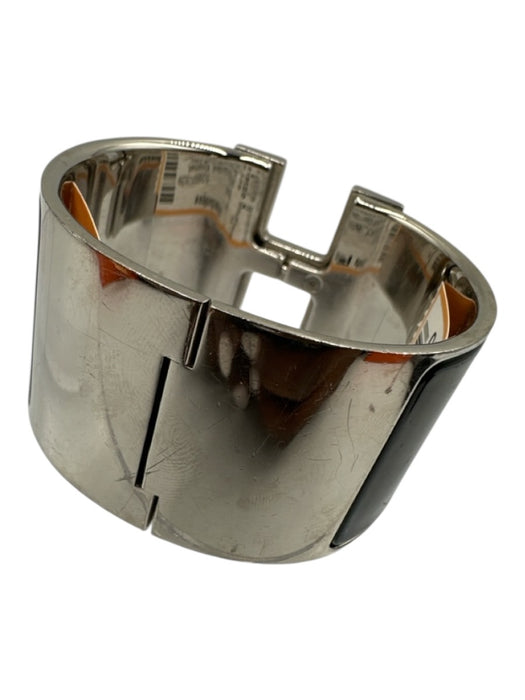 Hermes Silver & Black Enamel Silver Hardware Logo Wide Cuff Clic Clac Bracelet Silver & Black