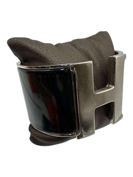 Hermes Silver & Black Enamel Silver Hardware Logo Wide Cuff Clic Clac Bracelet Silver & Black
