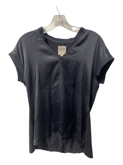 Go > Go Silk Size S Black Silk & Cotton V Neck Ribbed Accent Cap Sleeve Boxy Top Black / S