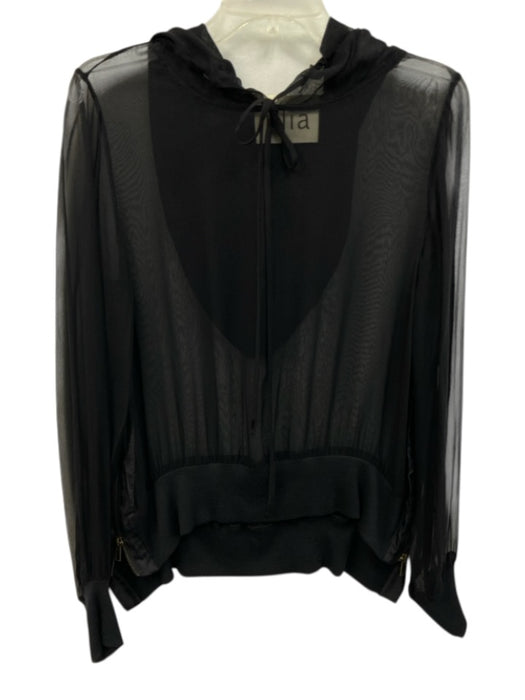 illia Size 4 Black Silk Sheer Hoodie Ribbed Hem Zipper Detail Jacket Black / 4