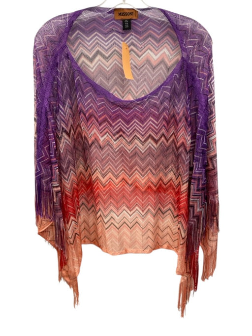 Missoni Purple, pink & red Viscose Knit Chevron Fringe Edging Shawl Poncho Purple, pink & red