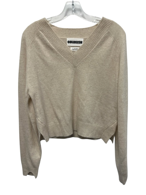 Colorush Size XS Beige Cashmere Long Sleeve Side Slit V Neck Ribbed Sweater Beige / XS