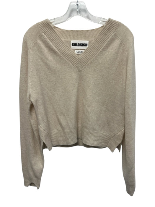 Colorush Size XS Beige Cashmere Long Sleeve Side Slit V Neck Ribbed Sweater Beige / XS
