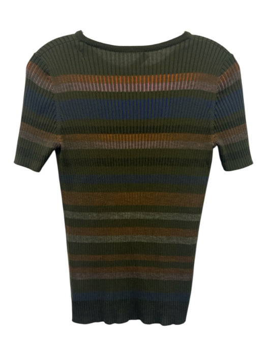 Akris Punto Size 8 Dark Green & Mulit Wool Short Sleeve Ribbed Stripes Top Dark Green & Mulit / 8