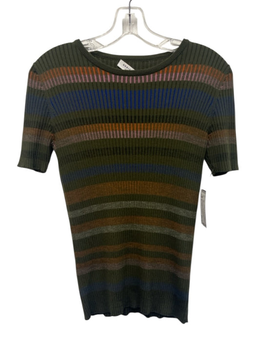 Akris Punto Size 8 Dark Green & Mulit Wool Short Sleeve Ribbed Stripes Top Dark Green & Mulit / 8