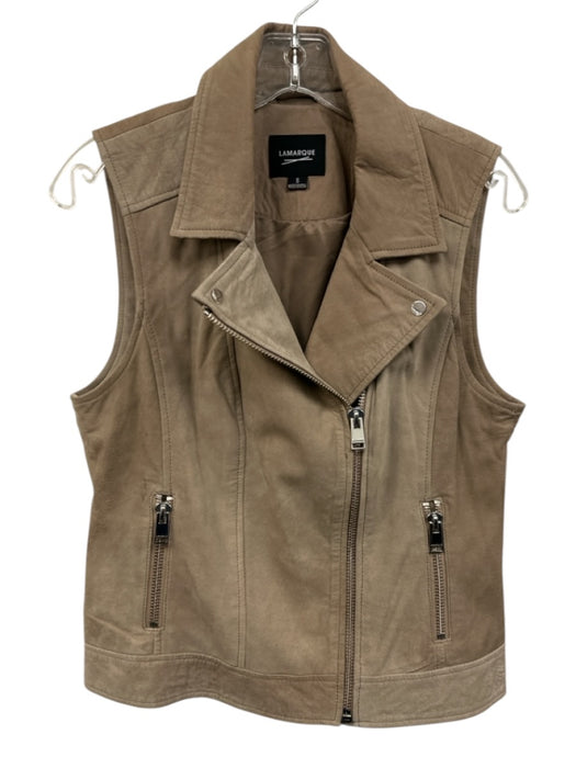 Lamarque Size S Brown Leather & Polyester Zip Front Peak Lapels Zip Pocket Vest Brown / S