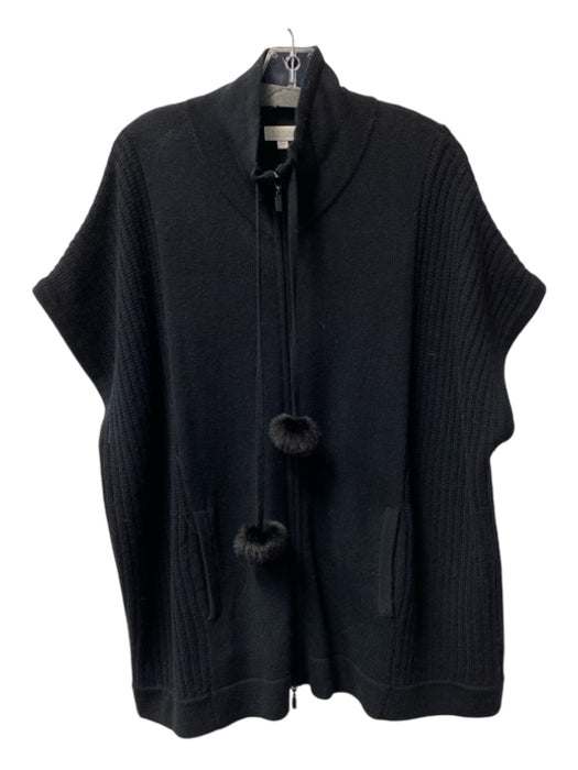 Kinross Black Wool Blend Drawstring Ribbed Detail Front Zip front pocket Poncho Black / P/M