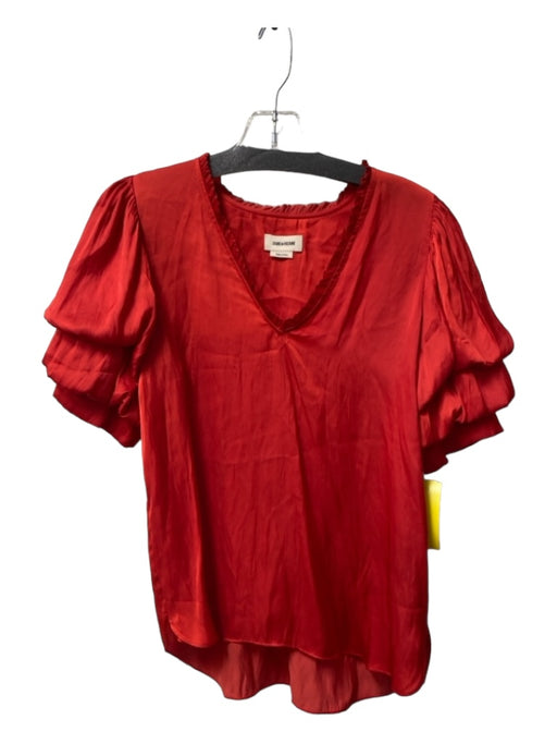 Zadig & Voltaire Size XS Red Polyester Ruffle Sleeves V Neck Ruffle Neckline Top Red / XS