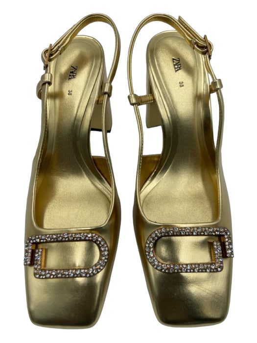Zara Shoe Size 38 Gold Leather Rhinestone Detail Square Toe Slingback Pumps Gold / 38