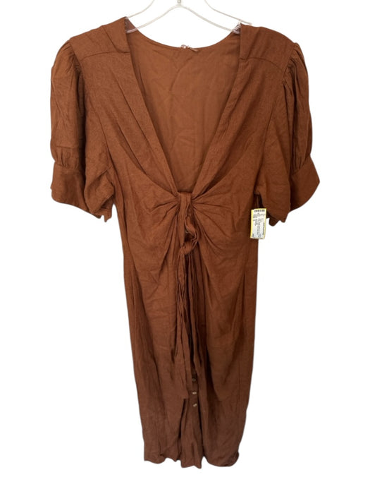 Free People Size S Brown Viscose & Linen Tie Button Front Short Sleeve Dress Brown / S