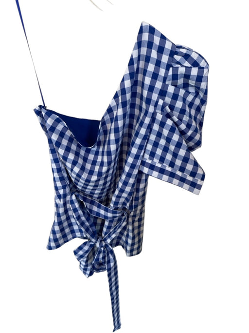 TCEC Size S Blue & White Polyester Blend One Shoulder Gingham Belted Top Blue & White / S