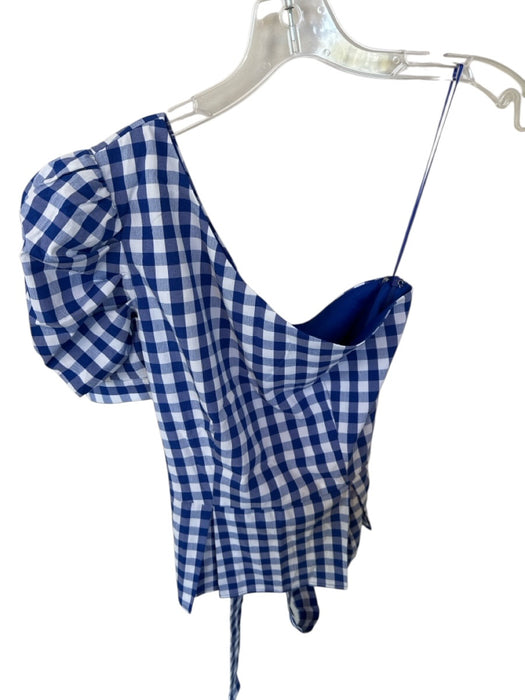TCEC Size S Blue & White Polyester Blend One Shoulder Gingham Belted Top Blue & White / S