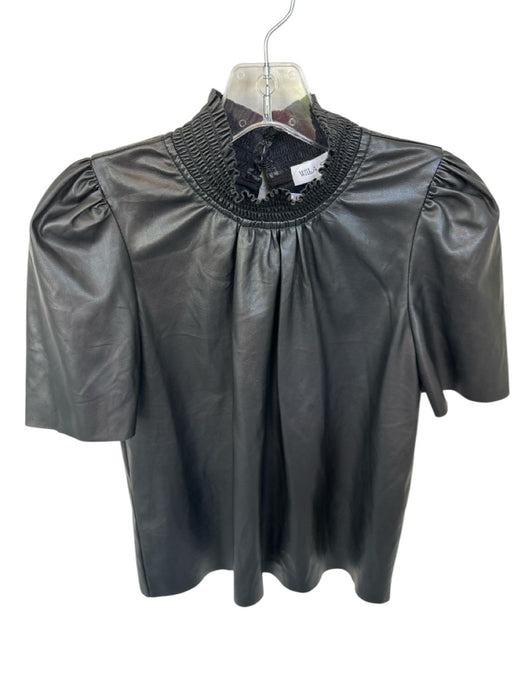 Willa Story Size XS Black Vegan Leather Short Sleeve Smocked Neck Top Black / XS