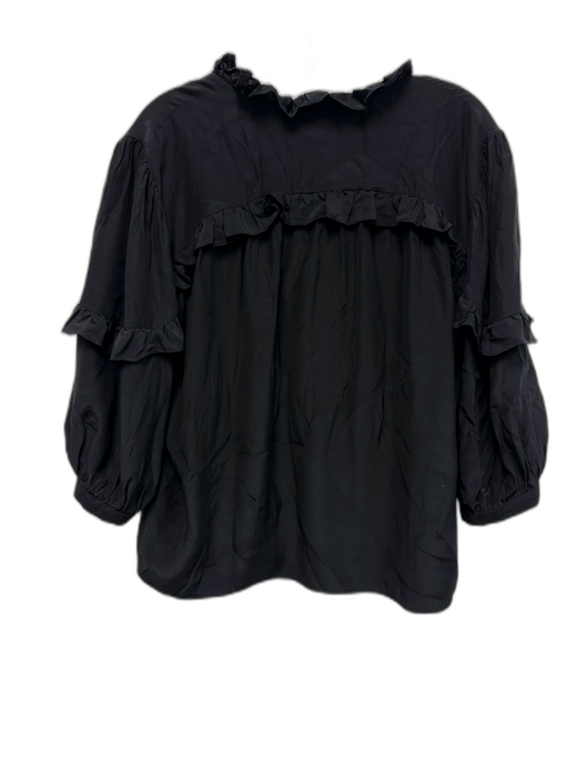 Frame Size M Black Silk 3/4 Balloon Sleeve Ruffle Detail V Neck Top Black / M