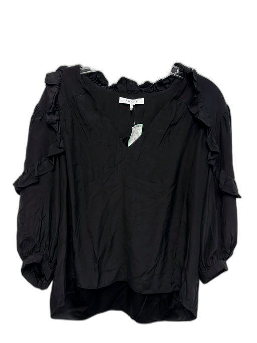 Frame Size M Black Silk 3/4 Balloon Sleeve Ruffle Detail V Neck Top Black / M