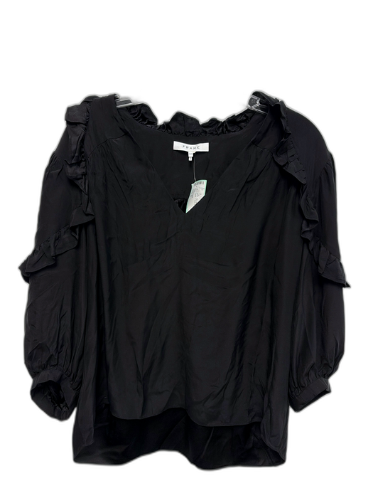 Frame Size M Black Silk 3/4 Balloon Sleeve Ruffle Detail V Neck Top Black / M