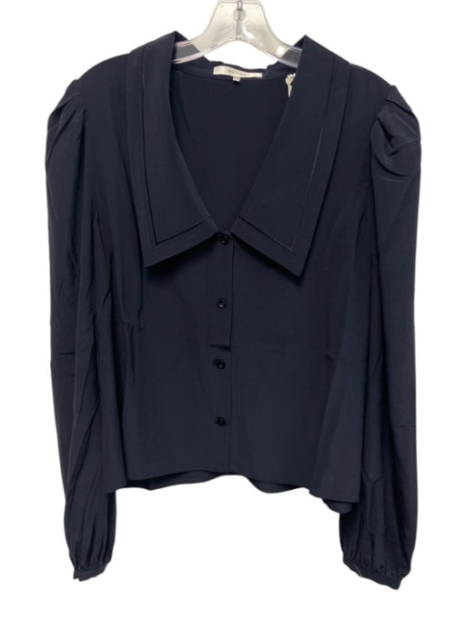 Frame Size L Navy Blue Silk Long puff sleeve Collar Buttons Blouse Top Navy Blue / L