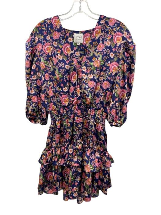 Misa Size M Blue, Pink, Green Polyester Satin Short Puff Sleeve Mini Dress Blue, Pink, Green / M