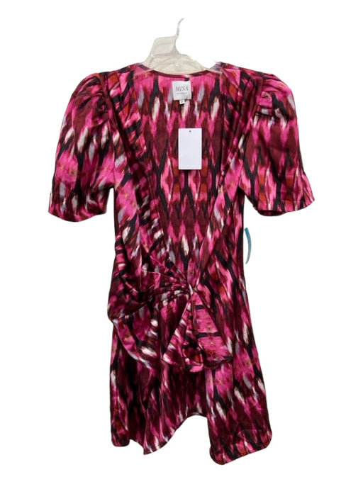 Misa Size M Maroon & Pink Polyester Wrap Abstract Short Puff Sleeve Dress Maroon & Pink / M