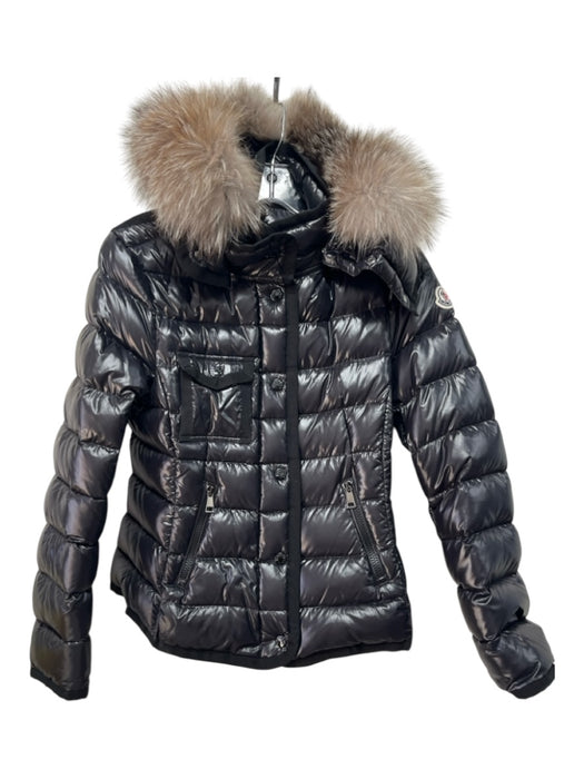 Moncler Size 4 Black Polyamide Quilted Shiny Puffer hood Jacket Black / 4