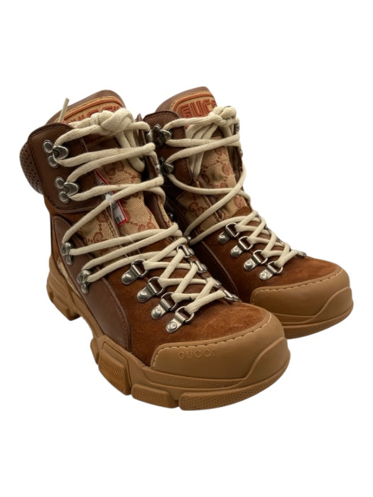 Gucci Shoe Size 38.5 Brown, Red, Cream Suede & Canvas Rubber Sole GG Booties Brown, Red, Cream / 38.5