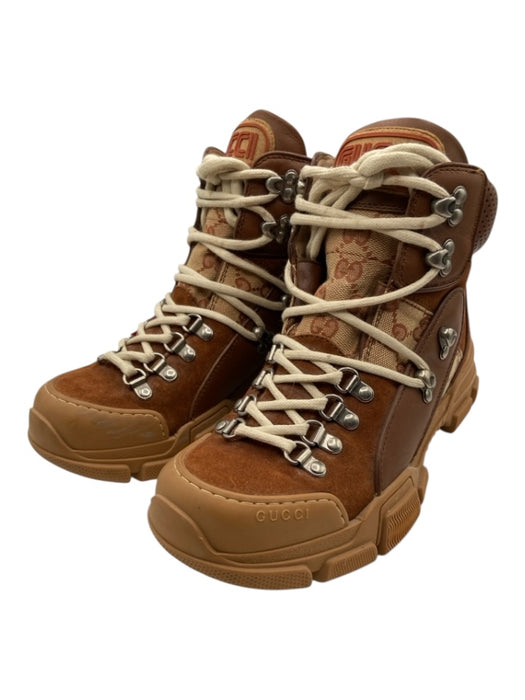 Gucci Shoe Size 38.5 Brown, Red, Cream Suede & Canvas Rubber Sole GG Booties Brown, Red, Cream / 38.5