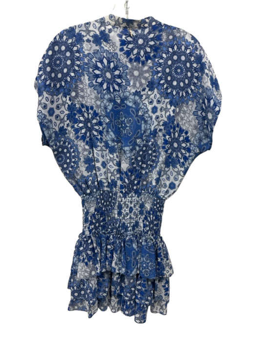 Misa Size M Blue & White Polyester Floral Cap Sleeve Smocked Waist Dress Blue & White / M