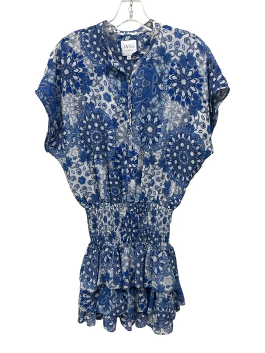 Misa Size M Blue & White Polyester Floral Cap Sleeve Smocked Waist Dress Blue & White / M