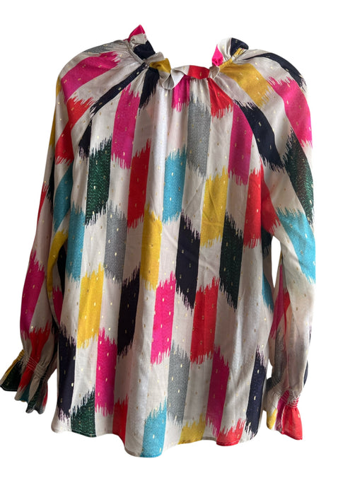 Vilagallo Size 40 Beige & Multi Viscose V Neck Long Sleeve Drawstring Neck Top Beige & Multi / 40