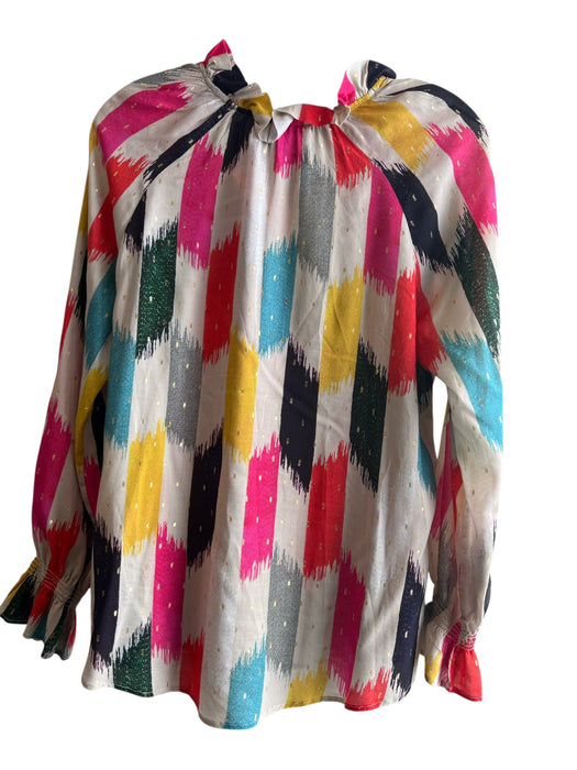 Vilagallo Size 40 Beige & Multi Viscose V Neck Long Sleeve Drawstring Neck Top Beige & Multi / 40